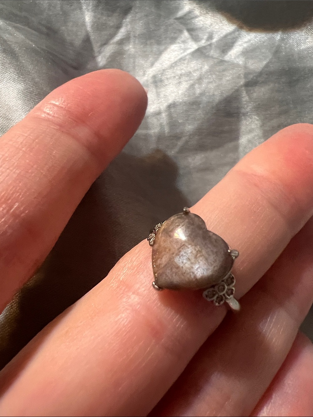 Silver Heart peach moonstone Ring - earthy Heart Design
